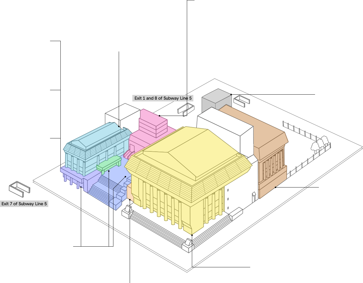 Bird's eye view of Sejong Center for the Performing Arts (Subway Line 5 Exits 1 and 8 and Subway Line 5 Exit 7 are shown together)