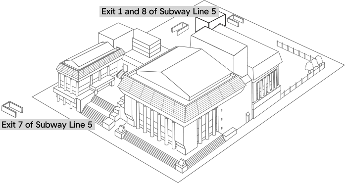 Bird's eye view of Sejong Center for the Performing Arts (Subway Line 5 Exits 1 and 8 and Subway Line 5 Exit 7 are shown together)
