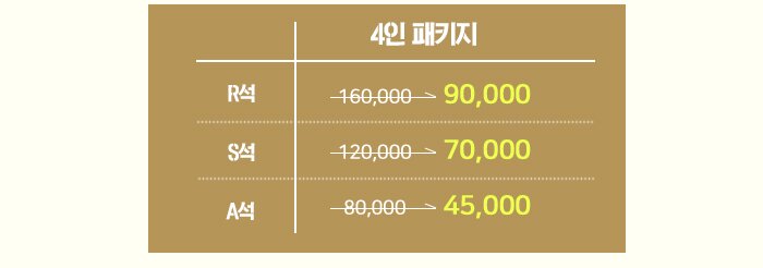 4인 패키지 R석 160,000 -> 90,000 S석 120,000 -> 70,000 A석 80,000 -> 45,000 