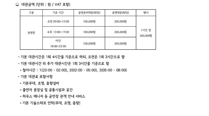 대관금액 (단위 : 원 / VAT 포함) 기본 대관시간은 1회 4시간을 기준으로 하되, 오전은 1회 3시간으로 함 기본 대관시간 외 추가 대관시간은 1회 3시간을 기준으로 함 철야시간 : 1(23:00~02:00), 2(02:00~05:00), 3(05:00~08:00) 기본 대관료 포함사항 기본무대, 조명, 음향설비 출연자 분장실 및 공통시설과 공간 하우스 매니저 등 공연장 관객 안내 서비스 기본 기술스태프 인력(무대, 음향, 조명)