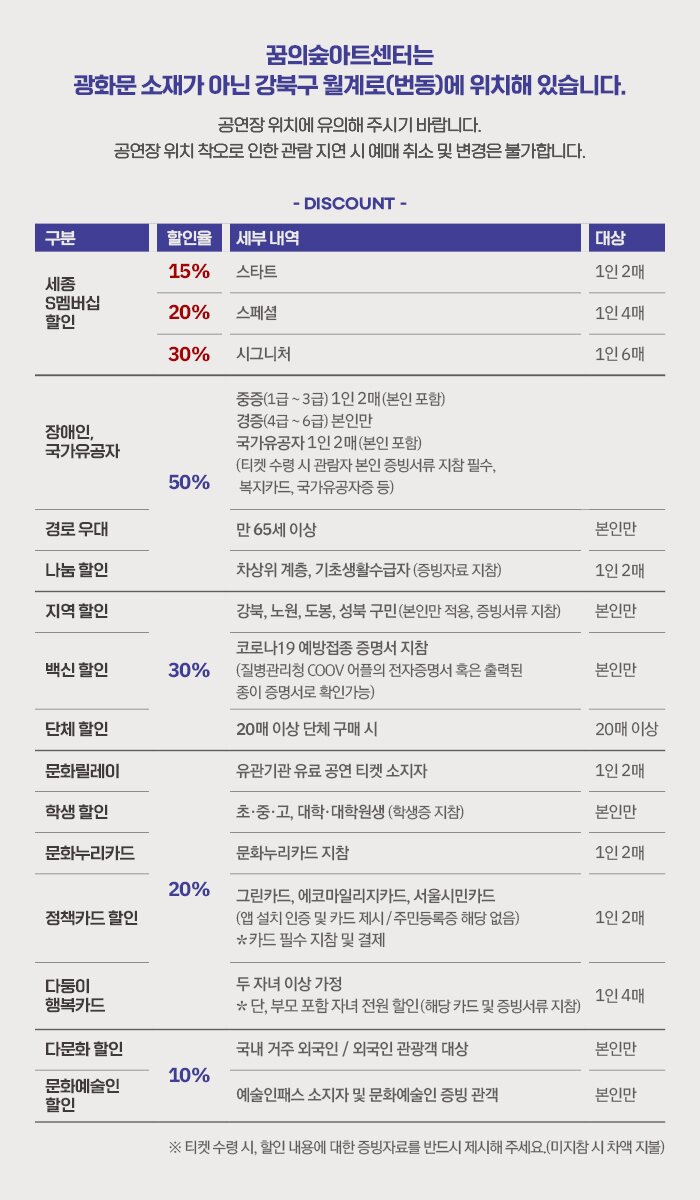 ※ 티켓 수령 시, 할인 내용에 대한 증빙자료를 반드시 제시해 주세요.(미지참 시 차액 지불)  [세종S멤버십 할인] - 스타트(1인2매) / 전석 15% - 스페셜(1인4매) / 전석 20% - 시그니처(1인6매) / 전석 30% ※ 세종문화회관 홈페이지 구매 시 할인 적용 50% 할인 - 장애인 : 본인 및 동반 1인까지/단 4급~6급 본인만 적용) - 국가유공자 : 본인 및 동반 1인까지 - 경로우대 : 본인만 /만 65세이상 - 나눔할인 : 1인2매 /차상위 계층, 기초생활 수급자 30% 할인 - 지역할인 : 본인만 /강북, 성북, 노원, 도봉구민 - 단체할인 : 20매 이상 단체 구매시 - 백신할인 : 본인만 20% 할인 - 문화릴레이 : 1인2매/유관기관 유료 공연 티켓 소지자 - 학생할인 : 본인만 /초,중,고,대학,대학원생 - 문화누리카드 : 1인2매 - 정책카드 할인 : 1인2매 /그린카드, 에코마일리지카드, 서울시민카드 - 다둥이 행복카드 : 1인 4매 /두자녀 이상 가정 10% 할인 - 다문화 할인 : 본인만 / 국내 거주 외국인, 외국인 관광객 대상 - 문화예술인 할인 : 본인만 / 예술인패스 소지자 및 문화예술인 증빙 관객
