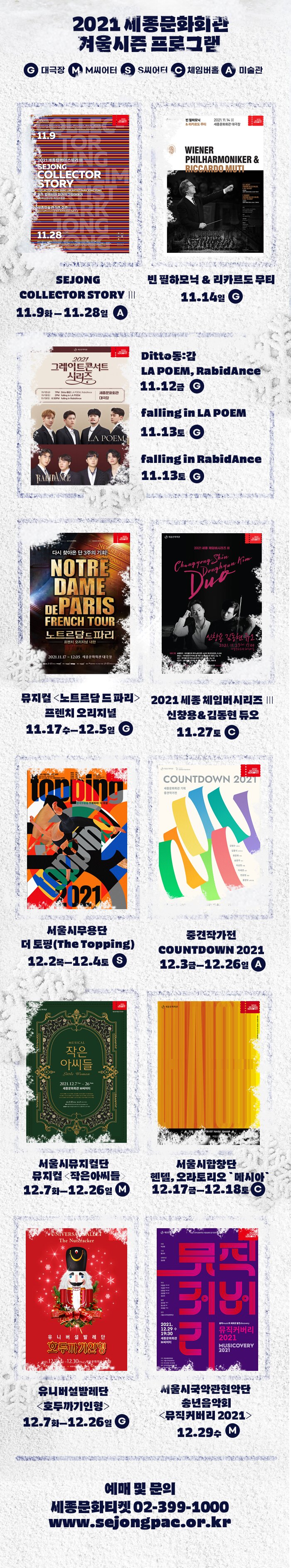 2021 세종문화회관 겨울시즌 프로그램 G 대극장 M M씨어터 S S씨어터 C 체임버홀 A미술관 SEJONG COLLECTOR STORY 3 11.9화 - 11.28일 A 빈필하모닉 & 리카무도 무티 11.14일 G Ditto동:감 LA POEM, RabidAnce 11.12금 G falling in LA POEM 11.13토 G falling in RabidAnce 11.13토 G 뮤지컬 노트르담 드 파리 프렌치 오리지널 11.17 tn - 12.5일 G 2021 세종 체임버시리즈 Ⅲ 신창용&김동현 듀오 11.27토 C 서울시무용단 더 토핑(The Topping) 12.2 목 - 12.4 토 S 중견작가전 COUNTDOWN 2021 12.3 금 - 12.26일 A 서울시뮤지컬단 뮤지컬 작은아씨들 12.7화- 12.26 일 M 서울시합창단 헨델,오라토리오 메시아 12.17 금 - 12.18 토 C 유니버설발레단 호두까기인형 12.7 화 12.26일 G 서울시국악관현악단 송년음악회 뮤직커버리 2021 12.29수 M 예매 및 문의 세종문화티켓 02-399-1000 www.sejongpac.or.kr
