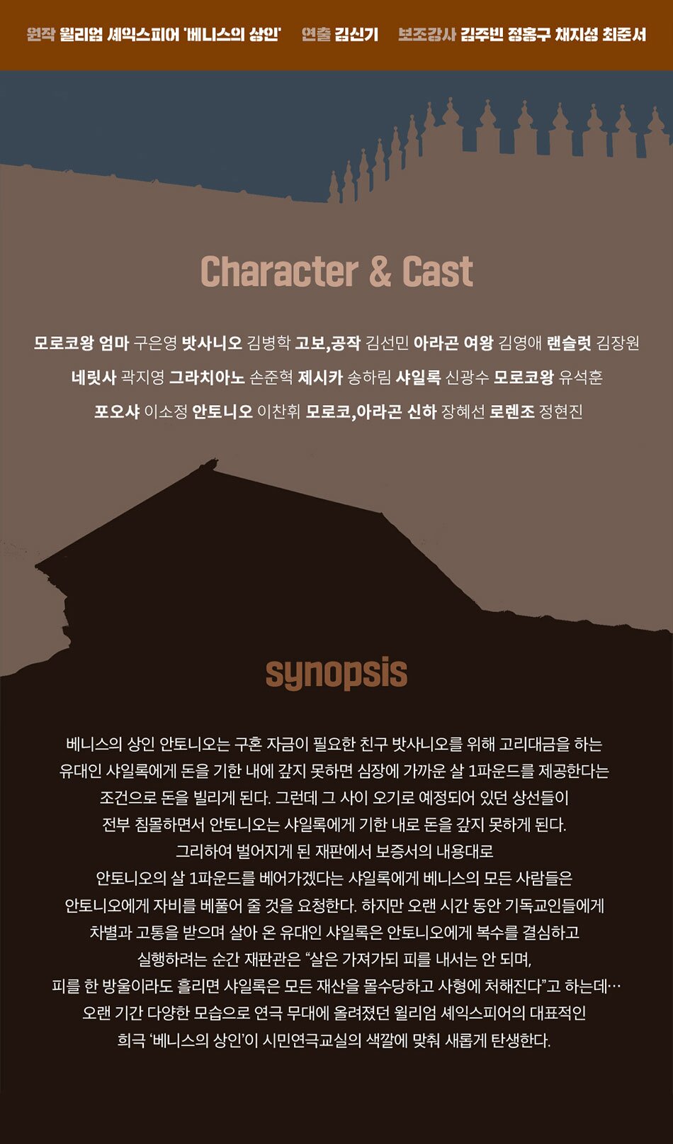 Character & Cast 모로코왕 엄마 구은영 밧사니오 김병학 공작 김선민 아라곤여왕 김영애 랜슬럿 김장원 네릿사 곽지영 그라치아노 손준혁 제시카 송하림 샤일록 신광수 모로코왕 유석훈 포오샤 이소정 안토니오 이찬휘 모로코,아라곤 신하 장혜선 로렌조 정현진 고보 조여진 synopsis 베니스의 상인 안토니오는 구혼 자금이 필요한 친구 밧사니오를 위해 고리대금을 하는 유대인 샤일록에게 돈을 기한 내에 갚지 못하면 심장에 가까운 살 1파운드를 제공한다는 조건으로 돈을 빌리게 된다. 그런데 그 사이 오기로 예정되어 있던 상선들이 전부 침몰하면서 안토니오는 샤일록에게 기한 내로 돈을 갚지 못하게 된다. 그리하여 벌어지게 된 재판에서 보증서의 내용대로 안토니오의 살 1파운드를 베어가겠다는 샤일록에게 베니스의 모든 사람들은 안토니오에게 자비를 베풀어 줄 것을 요청한다. 하지만 오랜 시간 동안 기독교인들에게 차별과 고통을 받으며 살아 온 유대인 샤일록은 안토니오에게 복수를 결심하고 실행하려는 순간 재판관은 