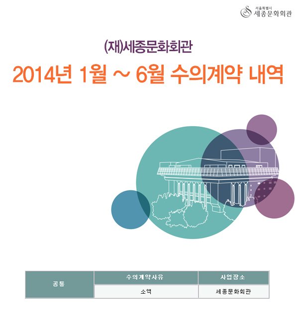 (재)세종문화회관 2014년 1월~6월 수의계약내역 공통 수의계약 사유 소액 사업장소 세종문화회관