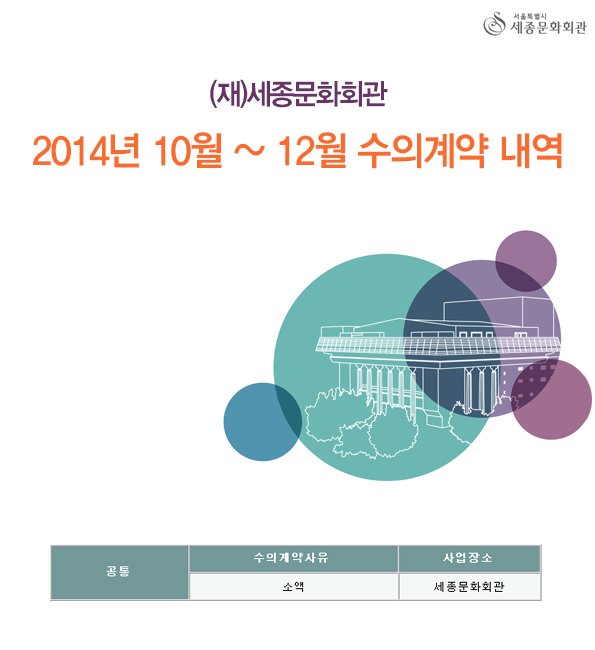 (재)세종문화회관 2014년 7월~9월 수의계약 내역 공통 수의계약 사유 소액 사업장소 세종문화회관