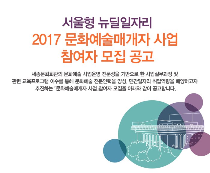 서울형 뉴딜일자리 2017 문화예술매개자 사업 참여자 모집 공고 세종문화회관의 문화예술 사업운영 전문성을 기반으로 한 사업실무과정 및 관련 교육프로그램 이수를 통해 문화예술 전문인력을 양성, 민간일자리 취업역량을 배양하고자 추진하는 「문화예술매개자 사업」참여자 모집을 아래와 같이 공고합니다.