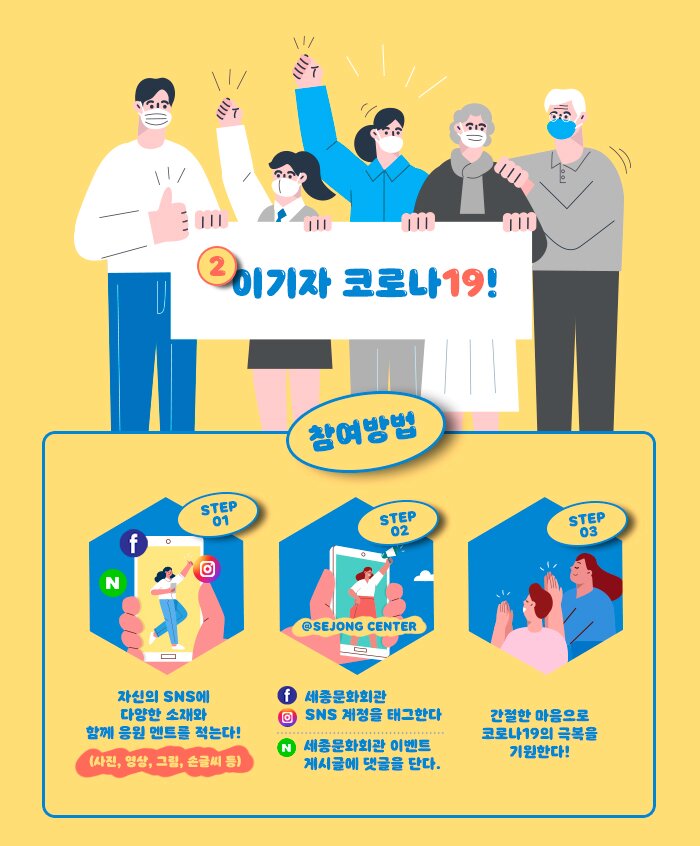 이(2) 겨내자 코로나 19! 참여방법 1.자신의 SNS 에 다양한 소재와 함께 응원 멘트를 적는다 !사진 , 영상 , 그림 , 손글씨 등 모두모두 좋아요 2.세종문화회관 SNS 계정을 태그한다 인스타그램 , 페이스북 )세종문화회관 이벤트 게시글에 댓글을 단다 . 블로그 3. 간절한 마음으로 코로나 19 의 극복을 기원한다 !