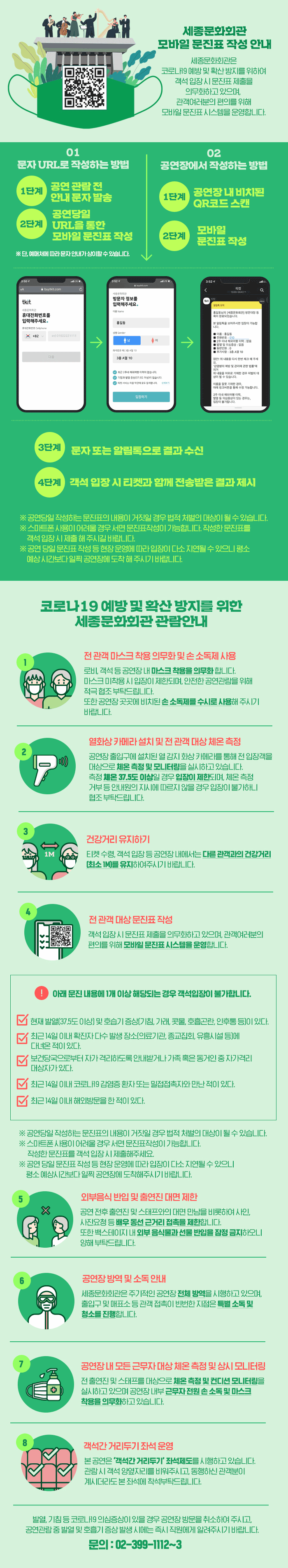 세종문화회관 모바일 문진표 작성 안내 세종문화회관은 코로나19 예방 및 확산 방지를 위하여 객석 입장 시 문진표 제출을 의무화하고 있으며 관객여러분의 편의를 위해 모바일 문진표 시스템을 운영합니다. 01 문자 url로 작성하는 방법 1단계 공연 관람 전 안내문자 발송 2단계 공연당일 url을 통한 모바일 문진표 작성 단, 예매처에 따라 문자 안내가 상이할 수 있습니다 02 공연장에서 작성하는 방법 1단계 공연장 내 비치된 QR코드 스캔 2단계 모바일 문진표 작성 3단계 문자 또는 알림톡으로 결과 수신 4단계 객석 입장 시 티켓과 함께 전송받은 결과 제시 공연당일 작성하는 문진표의 내용이 거짓일 경우 법적 처벌의 대상이 될 수 있습니다. 스마트폰 사용이 어려울 경우 서면 문진표작성이 가능합니다. 작성한 문진표를 객석 입장 시 제출해주시길 바랍니다. 공연당일 문진표 작성 등 현장 운영에 따라 입장이 다소 지연될 수 있으니 평소 예상 시간보다 일찍 공연장에 도착해주시기 바랍니다. 코로나19예방 및 확산 방지를 위한 세종문화회관 관람안내 1 전 관객 마스크 착용 의무화 및 손 소독제 사용 로비 객석 등 공연장 내 마스크 착용을 의무화합니다 마스크 미착용 시 입장이 제한되며, 안전한 공연관람을 위해 적극 협조 부탁드립니다. 또한 공연장 곳곳에 비치된 손 소독제를 수시로 사용해 주시기 바랍니다. 2 열화상 카메라 설치 및 전 관객 대상 체온 측정 공연장 출입구에 설치된 열 감지 화상 카메라를 통해 전 입장객을 대상으로 체온 측정 및 모니터링을 실시하고 있습니다. 측정 체온 37.5도 이상일 경우 입장이 제한되며 체온 측정 거부 등 안내원의 지시에 따르지 않을 경우 입장이 불가하니 협조 부탁드립니다. 3 건강거리 유지하기 티켓 수령 객석 입장 등 공연장 내에서는 다른 관객과의 건강거리 최소 1m를 유지하여주시기 바랍니다. 4 전 관객 대상 문진표 작성 객석 입장시 문진표 제출을 의무화하고 있으며 관객여러분의 편의를 위해 모바일 문진표 시스템을 운영합니다. 아래 문진 내용에 1개 이상 해당되는 경우 객석입장이 불가합니다. 현재 발열 37.5도 이상 및 호흡기 증상 기침 가래 콧물 호흡곤란 인후통 등이 있다. 최근 14일 이내 확진자 다수 발생 장소 의료기관 종교집회 유흥시설 등에 다녀온 적이 있다. 보건당국으로부터 자가 격리하도록 안내받거나 가족 혹은 동거인 중 자가격리 대상자가 있다. 최근 14일 이내 코로나19감염증 환자 또는 밀접접촉자와 만난 적이 있다. 최근 14일 이내 해외방문을 한 적이 있다. 공연당일 작성하는 문진표의 내용이 거짓일 경우 법적 처벌의 대상이 될 수 있습니다. 스마트폰 사용이 어려울 경우 서면 문진표작성이 가능합니다. 작성한 문진표를 객석 입장 시 제출해주시길 바랍니다. 공연당일 문진표 작성 등 현장 운영에 따라 입장이 다소 지연될 수 있으니 평소 예상 시간보다 일찍 공연장에 도착해주시기 바랍니다. 5 외부음식 반입 및 출연진 대면 제한 공연 전후 출연진 및 스태프와의 대면 만남을 비롯하여 사인 사진요청 등 배우 동선 근거리 접촉을 제한합니다. 또한 백스테이지 내 외부 음식물과 선물 반입을 잠정 금지하오니 양해 부탁드립니다. 6 공연장 방역 및 소독 안내 세종문화회관은 주기적인 공연장 전체 방역을 시행하고 있으며 출입구 및 매표소 등 관객 접촉이 빈번한 지점은 특별 소독 및 청소를 진행합니다. 7 공연장 내 모든 근무자 대상 체온 측정 및 상시 모니터링 전 출연진 및 스태프를 댓아으로 체온 측정 및 컨디션 모니터링을 실시하고 있으며 공연장 내부 근무자 전원 손 소독 및 마스크착용을 의무화하고 있습니다. 8 객석 간 거리두기 좌석 운영 본 공연은 객석간 거리두기 좌석제도를 시행하고 있습니다. 관람 시 객석 양옆자리를 비워주시고 동행하신 관객분이 계시더라도 본 좌석에 착석부탁드립니다. 발열 기침 등 코로나19 의심증상이 있을 경우 공연장 방문을 취소하여 주시고 공연관람 중 발열 및 호흡기 증상 발생 시에는 즉시 직원에게 알려주시기 바랍니다. 문의 02 399 1112 1113