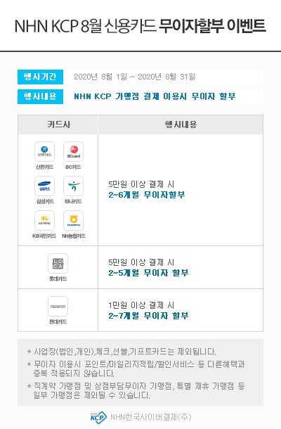 온라인대행가맹점 2~5개월 무이자 할부  - 롯데카드 - O 행사기간: 2020.08.01 ~ 2020.08.31 O 행사내용: 5만원 이상 결제시 2~5개월 무이자 할부    [Event 2] 온라인대행가맹점 2~6개월 무이자 할부  - 신한카드 - O 행사기간: 2020.08.01 ~ 2020.08.31 O 행사내용: 5만원 이상 결제시 2~6개월 무이자 할부  - 하나카드 - O 행사기간: 2020.08.01 ~ 2020.08.31 O 행사내용: 5만원 이상 결제시 2~6개월 무이자 할부  - NH농협카드 - O 행사기간: 2020.08.01 ~ 2020.08.31 O 행사내용: 5만원 이상 결제시 2~6개월 무이자 할부  - 비씨카드 - O 행사기간: 2020.08.01 ~ 2020.08.31 O 행사내용: 5만원 이상 결제시 2~6개월 무이자 할부  - 삼성카드 - O 행사기간: 2020.08.01 ~ 2020.08.31 O 행사내용: 5만원 이상 결제시 2~6개월 무이자 할부  - KB국민카드 - O 행사기간: 2020.08.01 ~ 2020.08.31 O 행사내용: 5만원 이상 결제시 2~6개월 무이자 할부