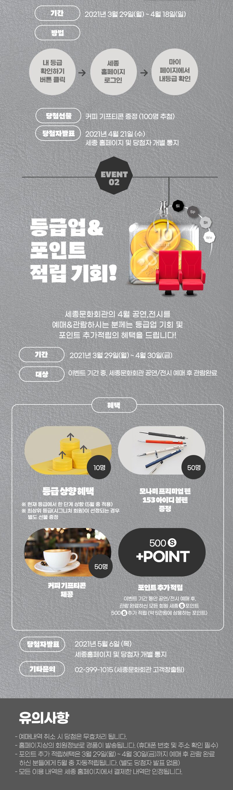 ？  기간 : 2021년 3월 29일(월) ~ 4월 18일(일) ？  대상 : 내 등급 확인하기 버튼 클릭 > 로그인 > 마이페이지에서 내 등급 확인？  당첨선물 : 커피 기프티콘 증정 (100명 추첨) ？  당첨자 발표 : 2021년 4월 21일 (수) 세종문화회관 홈페이지 및 당첨자 개별 통지 [이벤트 2]세종문화회관의 4월 공연/전시를 예매&관람하시는 분께는 등급업 기회 및 포인트 추가적립의 혜택을 드립니다!？  기간 : 2021년 3월 29일(월) ~ 4월 30일(금) ？  대상 : 이벤트 기간 중, 세종문화회관 공연/전시 예매 후 관람완료？  혜택 1) 등급상향 혜택 (10명 추첨)   ※ 현재 등급에서 한 단계 상향 (5월 중 적용)  ※ 최상위 등급(시그니처 회원)이 선정되는 경우 별도 선물 증정2) 모나미 프리미엄 펜 ？ 153 아이디 볼펜 (50명 추첨)3) 커피 기프티콘 (50명 추첨) 4) 포인트 추가 적립이벤트 기간 동안 공연/전시 예매 후, 관람 완료하신 모든 회원 세종？포인트 500？ 추가 적립 (약 5만원에 상응하는 포인트) ？ 당첨자 발표 : 2021년 5월 6일 (목) 세종문화회관 홈페이지 및 당첨자 개별 통지 ？ 기타문의 : 02-399-1015 (세종문화회관 고객창출팀)※ 유의사항- 예매내역 취소 시 당첨은 무효처리 됩니다. - 홈페이지상의 회원정보로 경품이 발송됩니다. (휴대폰 번호 및 주소 확인 필수)- 포인트 추가 적립혜택은 3월 29일(월) ~ 4월 30일(금)까지 예매 후 관람 완료 하신 분들에게 5월 중 자동적립됩니다. (별도 당첨자 발표 없음)- 모든 이용 내역은 세종 홈페이지에서 결제한 내역만 인정됩니다.