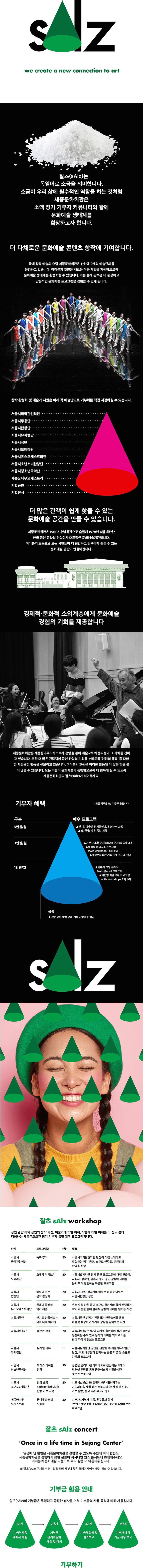 we create a new connection to art 잘츠(sAlz)는 독일어로 소금을 의미합니다. 소금이 우리 삶에 필수적인 역할을 하는 것처럼 세종문화회관은 소액 정기 기부자 커뮤니티와 함께 문화예술 생태계를 확장하고자 합니다. 더 다채로운 문화예술 콘텐츠 창작에 기여합니다. 국내 창작 예술의 요람 세종문화회관은 산하에 9개의 예술단체를 운영하고 있습니다. 여러분의 후원은 새로운 작품 개발을 지원함으로써 문화예술 생태계를 활성화할 수 있습니다. 이를 통해 관객은 더 풍성하고 감동적인 문화예술 프로그램을 경험할 수 있게 됩니다. 창작 활성화 및 예술가 지원은 아래 각 예술단으로 기부처를 직접 지정하실 수 있습니다. 서울시국악관현악단 서울시무용단 서울시합창단 서율시뮤지컬단 서울시극단 서울시오페라단 서울시유스오케스트라단 서울시소년소녀합창단  서울시청소년국악단 세종꿈나무오케스트라 기획공연 기획전시 더 많은 관객이 쉽게 찾을 수 있는 문화예술 공간을 만들 수 있습니다. 세종문화회관은 1961년 우남회관으로 출발해 1978년 4월 개관한 한국 공연 문화의 산실이자 대표적인 문화예술기관입니다. 여러분의 도움으로 모든 시민들이 더 편안하고 친숙하게 즐길 수 있는 문화예술 공간이 만들어집니다. 경제적·문화적 소외계층에게 문화예술경험의 기회를 제공합니다. 세종문화회관은 세종꿈나무오케스트라 운영을 통해 예술교욱의 중요성과 그 가치를 전하고 있습니다. 또한 더 많은 관람객이 공연 관람의 기회를 누리도록 '천원의 행복' 등 다양 한 사회공헌 활동을 선보이고 있습니다. 여러분의 후원은 이러한 활동에 더 많은 힘을 불 어 넣을 수 있습니다. 모든 이들이 문화예술과 동행함으로써 더 행복해 질 수 있도록 세종문화회관의 잘츠(sAlz)가 되어주세요. 기부자 혜택 * 모든 혜택은 1인 기준 적용됩니다. 구분 예우 프로그램 5만원/월 ▲ 연 1회 예술단 정기공연 초대 (VIP석 2매) ▲3만원/월 예우 동일 제공 3만원/월 ▲기부자 초청 콘서트(sAlz 콘서트) 초대 2매 ▲ 체험형 예술교육 프로그램 <sAlz workshop> 4회 초대 ▲ 세종문화회관 기획전시 오프닝 초대 1만원/월 ▲기부자 초청 콘서트 (sAlz 콘서트) 초대 2매 ▲ 체험형 예술교육 프로그램 <sAlz workshop> 2회 초대 공통 ▲ 연말 정산 세액 공제(기부금 영수증 발급) 잘츠 SAlz workshop 공연 관람 이외 공연의 창작 과정, 예술가에 대한 이해, 작품에 대한 이해를 더 심도 깊게 경험하는 세종문화회관 정기 기부자 특별 예우 프로그램입니다. 단체 프로그램명 인원 내용 똑똑국악 20 서울시 국악관현악단 서울시국악관현악단 단장이 직접 소개하고 해설하는 정기 공연, 소규모 연주회, 단원간의 만남을 진행 오페라 미리보기 20 서울시 오페라단 서울시오페라단 정기 공연 프로그램에 대해 연출가, 지휘자, 성악가, 평론가 등이 공연 감상의 이해를 돕기 위해 진행하는 특별한 프로그램 20 서울시 합창단 해설이 있는 음악 감상회 지휘자, 주요 성악가의 해설로 미리 만나보는 서울시합창단 공연. 서울시 원데이 클래식 유스오케스트라단 악기 레슨 유스 수석 단원 등이 소규모 참여자와 함께 진행하는 악기 레슨을 통해 클래식 감상의 이해를 넓히는 시간 서울시극단 연기로 만들어보는 20 너와 나의 이야기 서울시극단 단장이 진행하는 연극놀이를 통해 마음껏 상상하고 자기의 상상을 믿어보는 시간 서울시무용단 해보는 무용 20 서울시무용단 단장이 강사로 출연하여 정기 공연에 등장하는 주요 안무 동작의 의미를 익히고 이를 함께 따라 배워보는 프로그램 뮤지컬 리뷰 10 서울시 뮤지컬단 서울시뮤지컬단 공연을 관람한 후 서울시뮤지컬단 단장, 주요 배우들과 함께하는 공연 리뷰 및 소규모 간담회 프로그램 서울시 청소년국악단 드레스 리허설 관람 30 공연을 올리기 전 마지막으로 점검하는 드레스 리허설 관람을 통해 공연예술의 비밀을 살짝 엿보는 프로그램 20 서울시 소년소녀합창단 합창 초급 Solfege(솔베이지) 합창 기초 교육 서울시소년소녀합창단의 음악성을 키우는 기초과정을 체험 하는 프로그램 (조성 감각 키우기, 기초 발송, 듣고 따라 부르기 등) 30 세종꿈나무 오케스트라 꿈나무와 함께 노래를 기부자, 기부자 가족, 친구들과 함께 '프렌즈합창단'을 조직하여 정기 공연에 참여해보는 프로그램 잘츠 sAlz concert 'Once in a life time in Sejong Center' 일생에 단 한번은 세종문화회관을 경험할 수 있도록 주변에 아직 한번도 세종문화회관을 경험하지 못한 분들이 계시다면 원스 콘서트에 초대해주세요. 여러분의 문화예술 나눔으로 우리 삶은 더 아름다워집니다. ※ 잘츠(sAlz) 콘서트는 연 1회 열리며 세부내용은 홈페이지에서 확인 하실 수 있습니다. 기부금 활용 안내 잘츠(sAlz)의 기부금은 투명하고 공정한 심사를 거쳐 기부금의 사용 목적에 따라 사용됩니다. 1단계 기부금 사용 계획서 제출 2단계 기부금 관리위원회 개최 및 심의 3단계 기부금 집행 및 결과보고 4단계 기부자 대상 기금 사용 보고