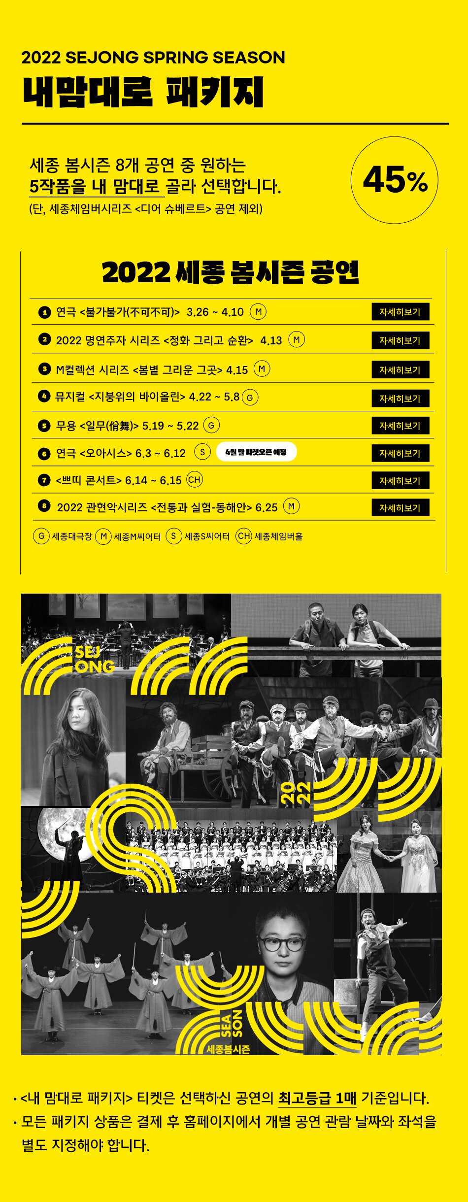 2022 SEJONG SPRING SEASON 내맘대로 패키지 세종 봄시즌 8개 공연 중 원하는 5작품을 내맘대로 골라 선택합니다. 2022 세종 봄시즌 공연 (1) 연극 <불가불가(不可不可)> 3.26 ~ 4.10 M (2) 2022 명연주자 시리즈 <정화 그리고 순환> 4.13 M (3) M컬렉션 시리즈 <봄볕 그리고 그곳> 4.15 M (4) 뮤지컬 <지붕위의 바이올린> 4.22 ~ 5.8 G (5) 무용 <일무(佾舞)> 5.19 ~ 5.22 G (6) 연극<오아시스> 6.3 ~ 6.12 S (7) <쁘띠콘서트> 6.14 ~ 6.15 CH (8) 2022 관현악시리즈 <전통과 실험-동해안> 6.25 M / G:세종대극장, M:세종M씨어터, S:세종S씨어터, CH:세종체임버홀, - <내 맘대로 패키지> 티켓은 선택하신 공연의 최고등급 1매 기준입니다. - 모든 패키지 상품은 결제 후 홈페이지에서 개별 공연 관람 날짜와 좌석을 별도 지정해야 합니다.