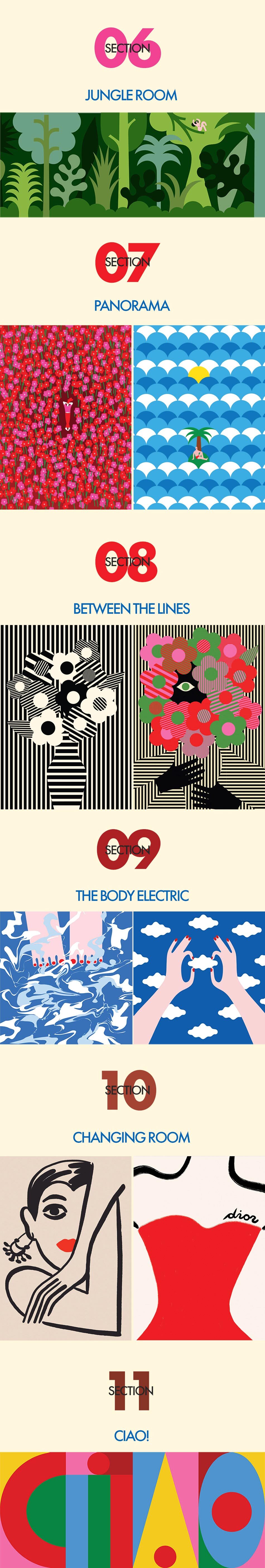SECTION 06 PANORAMA SECTION 07 JUNGLE ROOM SECTION 08 BETWEEN THE LINE SECTION 09 THE BODY ELECTRIC SECTION 10 CHANGING ROOM SECTION 11 CIAO!