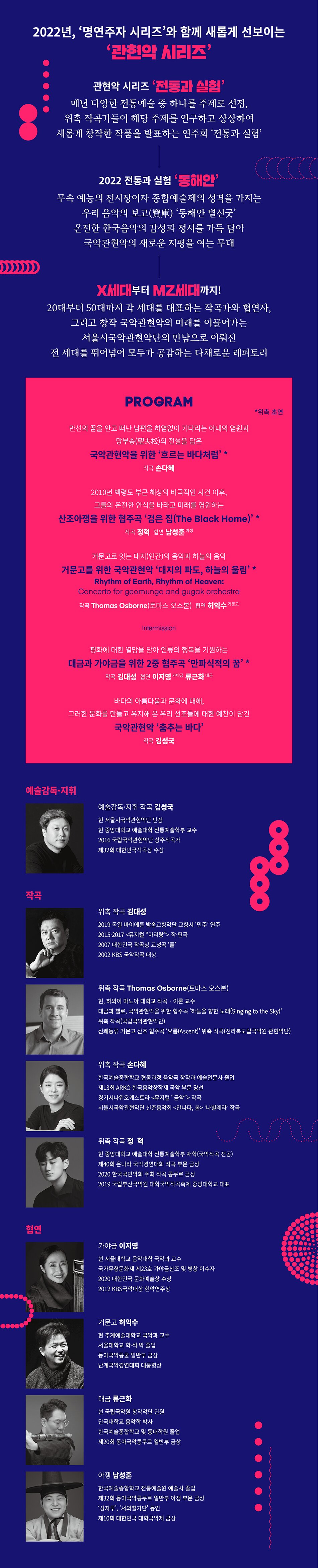 2022년, '명연주자 시리즈'와 함께 새롭게 선보이는 '관현악 시리즈’ 관현악 시리즈 '전통과 실험 '매년 다양한 전통예술 중 하나를 주제로 선정, '위촉 작곡가들이 해당 주제를 연구하고 상상하여 새롭게 창작한 작품을 발표하는 연주회 '전통과 실험’ 2022 전통과 실험 '동해안' 무속 예능의 전시장이자 종합예술제의 성격을 가지는 우리 음악의 보고(寶庫) '동해안 별신굿’ '온전한 한국음악의 감성과 정서를 가득 담아 '국악관현악의 새로운 지평을 여는 무대 X세대부터 MZ세대까지! 20대부터 50대까지 각 세대를 대표하는 작곡가와 협연자, 그리고 창작 국악관현악의 미래를 이끌어가는 서울시국악관현악단의 만남으로 이뤄진 전 세대를 뛰어넘어 모두가 공감하는 다채로운 레퍼토리 PROGRAM *위촉 초연 '평화에 대한 열망을 담아 인류의 행복을 기원하는 대금과 가야금을 위한 2중 협주곡 '만파식적의 꿈’ * 작곡 김대성 협연 이지영(가야금) 류근화(대금) 거문고로 잇는 땅(인간)의 음악과 하늘의 음악 거문고 협주곡 '대지의 파도, 하늘의 울림’ * Rhythm of Earth, Rhythm of Heaven: Concerto for geomungo and gugak orchestra 작곡 Thomas Osborne 협연 허익수(거문고) 만선의 꿈을 안고 떠난 남편을 하염없이 기다리는 아내의 염원과 망부송(望夫松)의 전설을 담은 국악관현악을 위한 '흐르는 바다처럼’ * 작곡 손다혜 2010년 백령도 부근 해상의 비극적인 사건 이후, 그들의 온전한 안식을 바라고 미래를 염원하는 산조아쟁을 위한 협주곡 ‘검은 집(The Black Home)’ * 작곡 정혁 협연 남성훈(아쟁) 바다의 아름다움과 문화에 대해, 그러한 문화를 만들고 유지해 온 우리 선조들에 대한 예찬이 담긴 국악관현악 '춤추는 바다’ 작곡 김성국 *상기 프로그램의 순서는 추후 변경될 수 있습니다. 예술감독 지휘 예술감독 지휘·작곡 김성국 현 서울시국악관현악단 단장 '현 중앙대학교 예술대학 전통예술학부 교수 2016 국립국악관현악단 상주작곡가 제32회 대한민국작곡상 수상 작곡 위촉 작곡 김대성 2019 독일 바이에른 방송교향악단 교향시 '민주' 연주 2015·2017 <뮤지컬 “아리랑