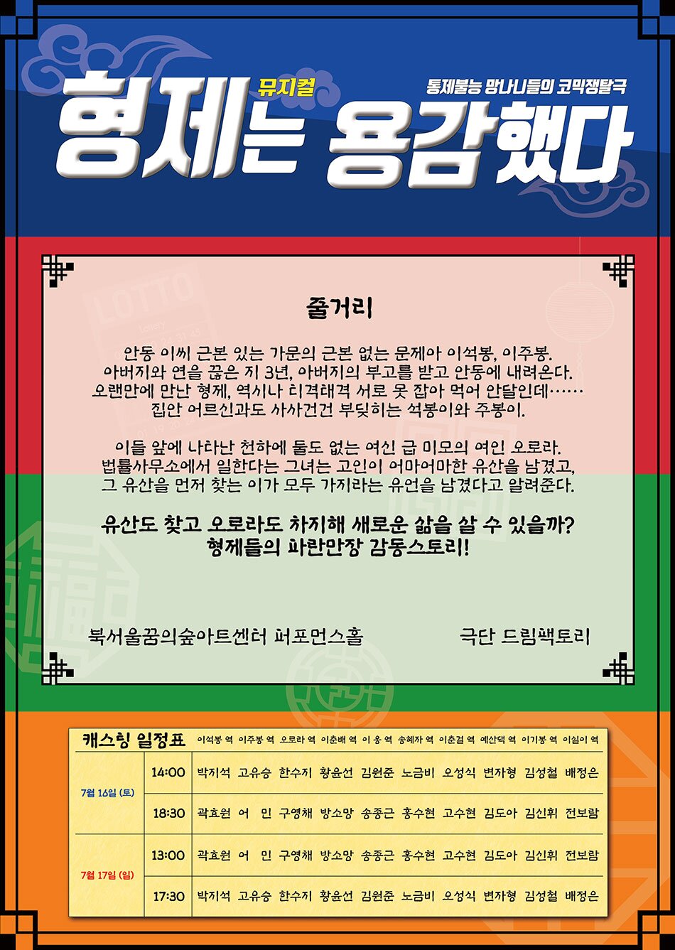 뮤지컬 형제는 용감했다 줄거리 안동 이씨 근본 있는 가문의 근본 없는 문제아 이석봉 이주봉 아버지와 연을 끊은 지 3년 아버지의 부고를 받고 안동에 내려온다 오랜만에 만난 형제 역시나 티켝태격 서로 못잡아 먹어 안달인데 집안 어르신과도 사사건건 부딪히는 석봉이와 주봉이 이들 앞에 나타난 천하에 둘도 없는 여신 급 미모의 여인 오로라 법률사무소에서 일한다는 그녀는 고인이 어마어마한 유산을 남겼고 그 유산을 먼저 찾는 이가 모두 가지라는 유언을 남겼다고 알려준다. 유산도 찾고 오로라도 차지해 새로운 삶을 살 수 있을까 형제들의 파란만장 감동 스토리 북서울꿈의숲아트센터 퍼포먼스홀 극단 드림 팩토리