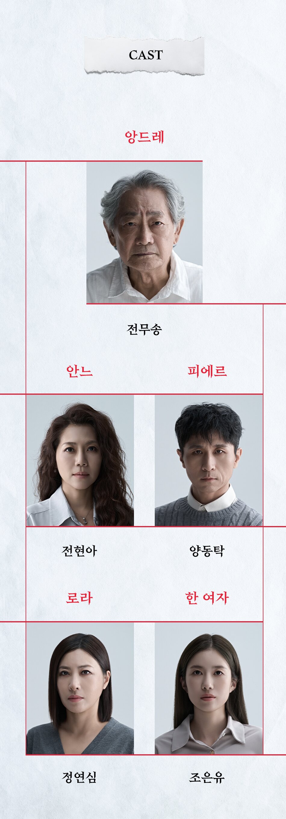 [CAST]  - 전무송 (‘앙드레’ 역)   - 전현아 (‘안느’ 역) - 양동탁 ('피에르' 역) - 정연심 ('로라' 역) - 조은유 ('한 여자' 역)