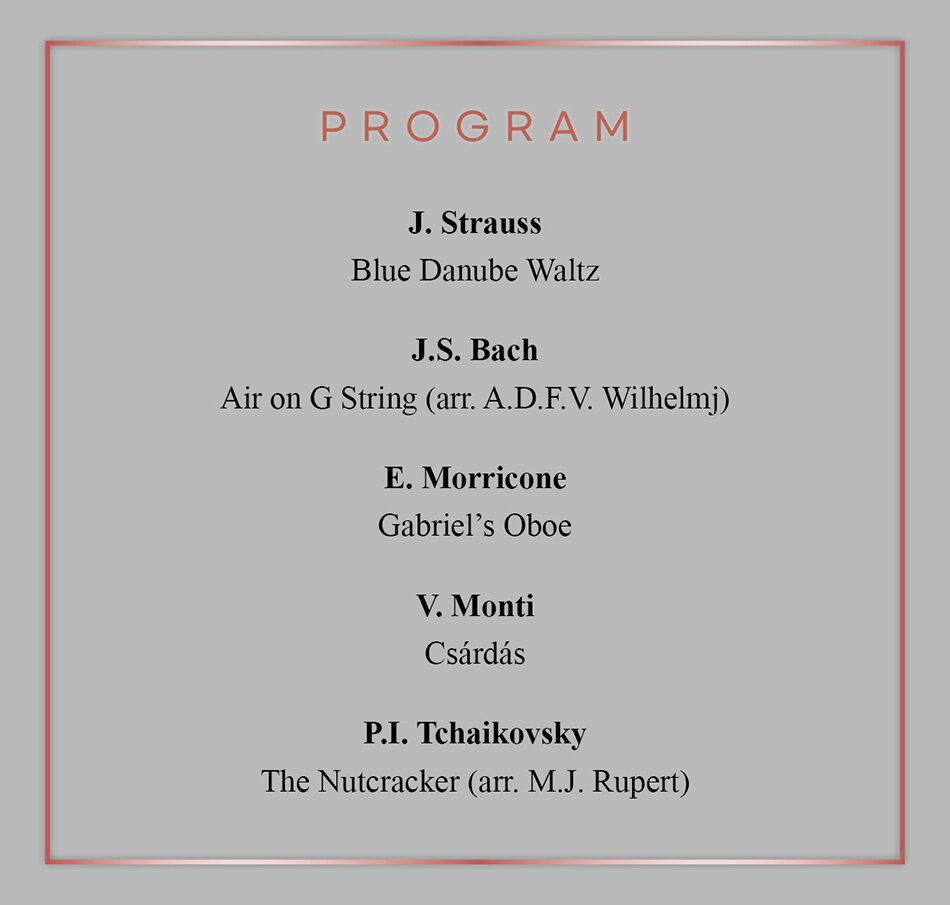 1부: Mystic     * Harp 곽정, 하피데이앙상블  J. Strauss  Blue Danube Waltz     * Harp 곽정, Recorder 남형주  J.S. Bach (Arr. A.D.F.V. Wilhelmj)  Air on G String  E. Morricone  Gabriel’s Oboe (가브리엘의 오보에)  V. Monti  Csárdás     * Recorder 남형주  숨은하루찾기  숨은하루     2부: Magic of Fantasy      * Harp 곽정, 하피데이앙상블, Recorder 남형주  P.I. Tchaikovsky (arr. M.J. Rupert)  The Nutcracker 중  Dance of the Sugar Plum Fairy  Trepak (Russian Dance)     * Harp 곽정, 하피데이앙상블  M. Leontovich  Carol of the Bells  L. Anderson (arr. S. Watson)  Sleighride     * Harp 곽정, 하피데이앙상블, Recorder 남형주  J.S. Bach  Cantata, BWV. 147 <Jesu, Joy of Man's Desiring>  김현철  크리스마스에는 축복을
