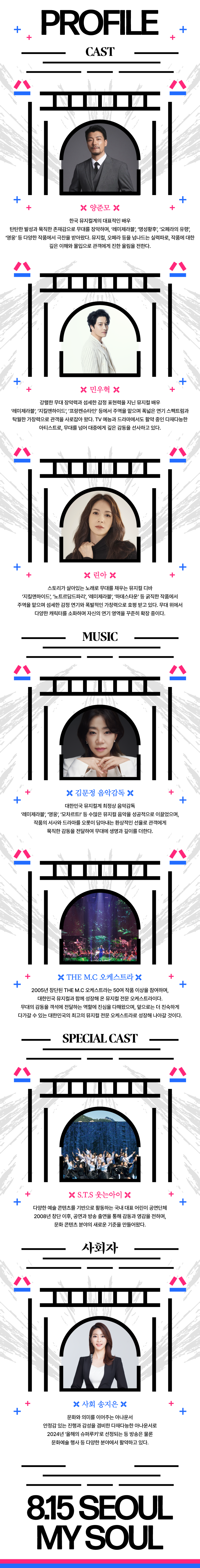 PROFILE CAST 양준모 한국 뮤지컬계의 대표적인 배우 탄탄한 발성과 묵직한 존재감으로 무대를 장악하며, '레미제라블', '명성황후', '오페라의 유령', '영웅' 등 다양한 작품에서 극찬을 받아왔다. 뮤지컬, 오페라 등을 넘나드는 실력파로, 작품에 대한 깊은 이해와 몰입으로 관객에게 진한 울림을 전한다. 민우혁 강렬한 무대 장악력과 섬세한 감정 표현력을 지닌 뮤지컬 배우 '레미제라블', '지킬앤하이드', '프랑켄슈타인' 등에서 주역을 맡으며 폭넓은 연기 스펙트럼과 탁월한 가창력으로 관객을 사로잡아 왔다. TV 예능과 드라마에서도 활약 중인 다재다능한 아티스트로, 무대를 넘어 대중에게 깊은 감동을 선사하고 있다. 린아 스토리가 살아있는 노래로 무대를 채우는 뮤지컬 디바 '지킬앤하이드', '노트르담드파리', '레미제라블', '하데스타운' 등 굵직한 작품에서 주역을 맡으며 섬세한 감정 연기와 폭발적인 가창력으로 호평 받고 있다. 무대 위에서 다양한 캐릭터를 소화하며 자신의 연기 영역을 꾸준히 확장 중이다. MUSIC 김문정 음악감독 대한민국 뮤지컬계 최정상 음악감독 '레미제라블', '영웅', '모차르트!' 등 수많은 뮤지컬 음악을 성공적으로 이끌었으며, 작품의 서사와 드라마를 오롯이 담아내는 환상적인 선율로 관객에게 묵직한 감동을 전달하여 무대에 생명과 깊이를 더한다. THE M.C 오케스트라 2005년 창단된 THE M.C 오케스트라는 50여 작품 이상을 참여하며, 대한민국 뮤지컬과 함께 성장해 온 뮤지컬 전문 오케스트라이다. 무대의 감동을 객석에 전달하는 역할에 진심을 다해왔으며, 앞으로는 더 친숙하게 다가갈 수 있는 대한민국의 최고의 뮤지컬 전문 오케스트라로 성장해 나아갈 것이다. SPECIAL CAST  S.T.S 웃는아이 다양한 예술 콘텐츠를 기반으로 활동하는 국내 대표 어린이 공연단체 2008년 창단 이후, 공연과 방송 출연을 통해 감동과 영감을 전하며, 문화 콘텐츠 분야의 새로운 기준을 만들어왔다. 사회 송지은 문화와 의미를 이어주는 아나운서 안정감 있는 진행과 감성을 겸비한 다재다능한 아나운서로 2024년 '올해의 슈퍼루키'로 선정되는 등 방송은 물론 문화예술 행사 등 다양한 분야에서 활약하고 있다.