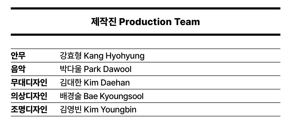 제작진 Production Team 안무 강효형 Kang Hyohyung 음악 박다울 Park Dawool 무대디자인 김대한 Kim Daehan 의상디자인 배경술 Bae Kyoungsool 조명디자인 김영빈 Kim Youngbin