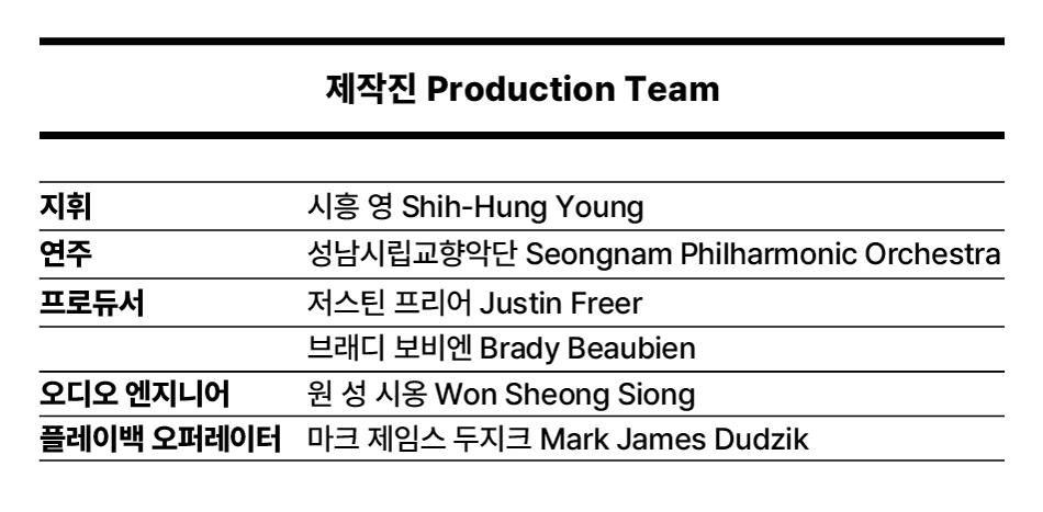 PRODUCTION TEAM 지휘 시흥 영 Shih-Hung Young 연주 성남시립교향악단 Seongnam Philharmonic Orchestra 프로듀서 저스틴 프리어 Justin Freer 브래디 보비엔 Brady Beaubien 오디오 엔지니어 원 성 시옹 Won Sheong Siong 플레이백 오퍼레이터 마크 제임스 두지크 Mark James Dudzik