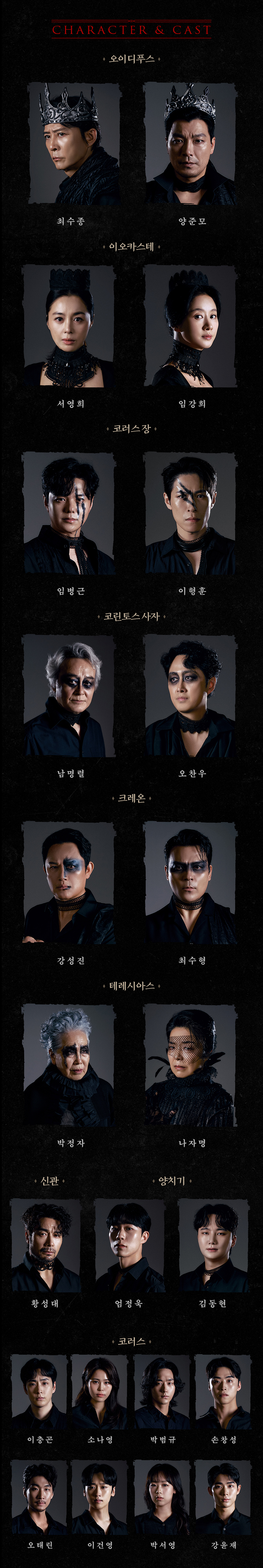 [CAST]  - 오이디푸스 役: 최수종, 양준모  - 이오카스테 役: 서영희, 임강희  - 코러스 장 役: 임병근, 이형훈  - 코린토스에서 온 사자 役: 남명렬, 오찬우  - 크레온 役: 강성진, 최수형  - 테레시아스 役: 박정자, 나자명  - 신관 役: 황성대  - 양치기 役: 엄정욱, 김동현  코러스: 이충곤, 소나영, 박범규, 손창성, 오태린, 이건영, 박서영, 강윤재