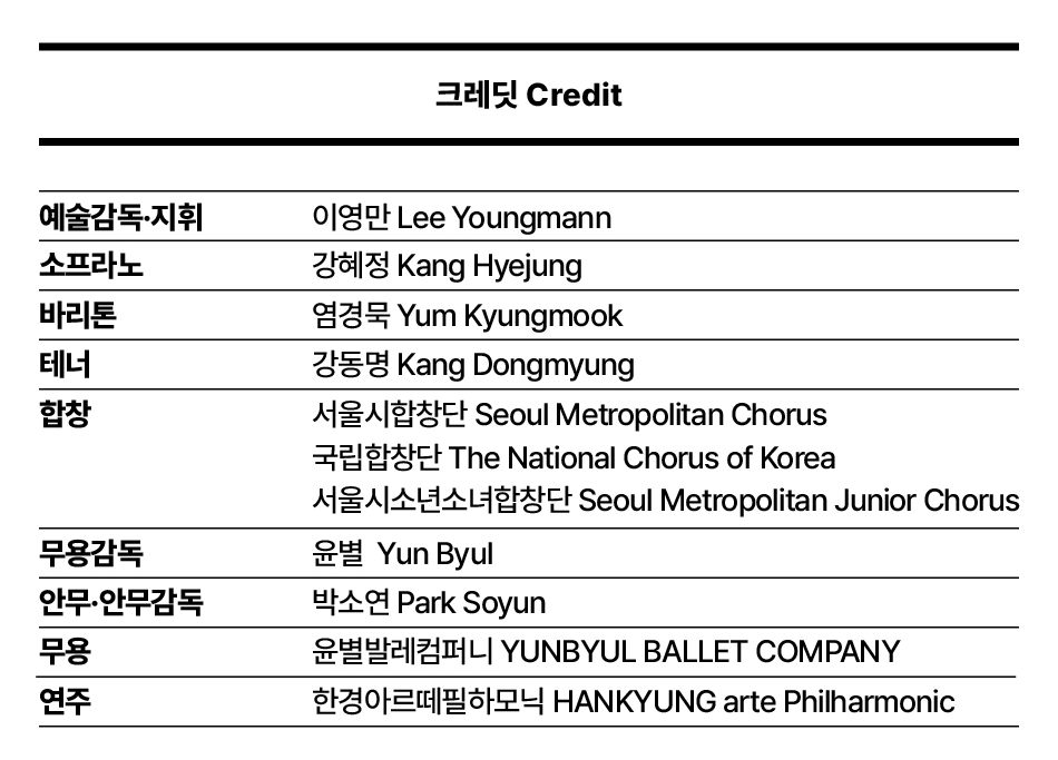 크레딧 Credit 예술감독·지휘 이영만 Lee Youngmann 소프라노 강혜정 Kang Hyejung 바리톤 염경묵 Yum Kyungmook 테너 강동명 Kang Dongmyung 합창 서울시합창단 Seoul Metropolitan Chorus 국립합창단 The National Chorus of Korea 서울시소년소녀합창단 Seoul Metropolitan Junior Chorus 무용감독 윤별 Yun Byul 안무·안무감독 박소연 Park Soyun 무용 윤별발레컴퍼니 YUNBYUL BALLET COMPANY 연주 한경아르떼필하모닉 HANKYUNG arte Philharmonic
