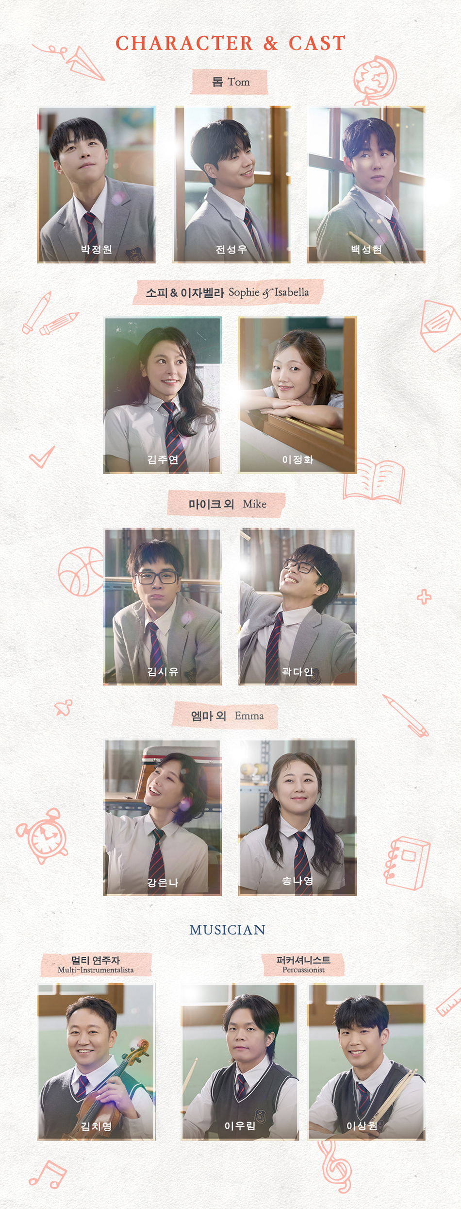 톰 I 박정원, 전성우, 백성현  소피, 이자벨라 I 김주연, 이정화  마이크 외 I 김시유, 곽다인  엠마 외 I 강은나, 송나영  멀티 연주자 | 김치영  퍼커셔니스트 | 이우림, 이상원