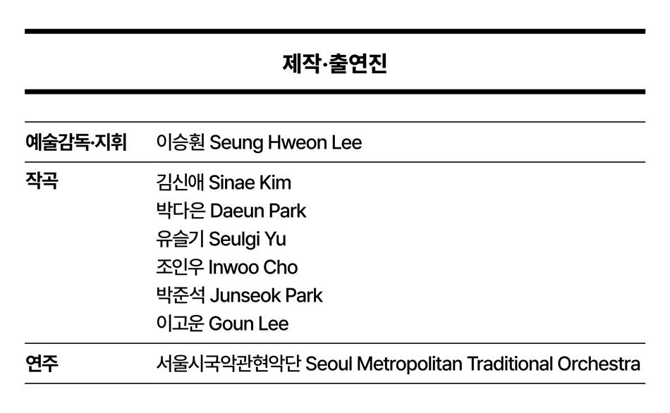 제작·출연진 예술감독·지휘 이승원 Seung Hweon Lee 작곡 김신애 Sinae Kim 연주 박다은 Daeun Park 유슬기 Seulgi Yu xelf Inwoo Cho 박준석 Junseok Park 이고운 Goun Lee 서울시국악관현악단 Seoul Metropolitan Traditional Orchestra