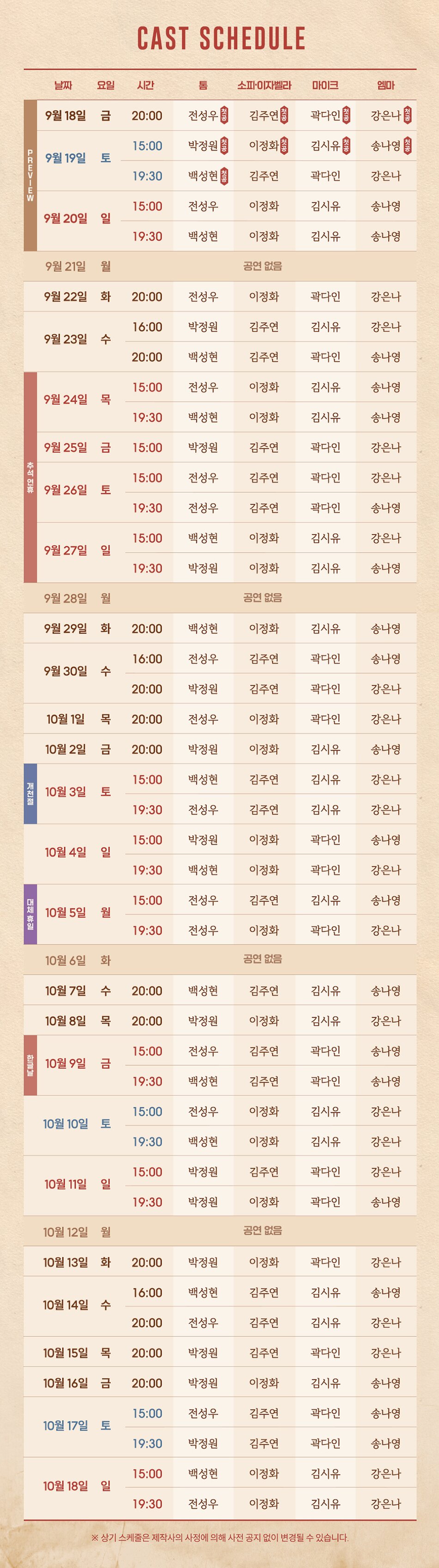 CAST SCHEDULE  날짜 / 요일 / 시간 / 톰 / 소피-이자벨라 / 마이크 / 엠마  [PREVIEW]  9월 18일 금요일 20:00 / 전성우 / 김주연 / 곽다인 / 강은나  9월 19일 토요일 15:00 / 박정원 / 이정화 / 김시유 / 송나영 19:30 / 백성현 / 김주연 / 곽다인 / 강은나  9월 20일 일요일 15:00 / 전성우 / 이정화 / 김시유 / 송나영 19:30 / 백성현 / 이정화 / 김시유 / 송나영  9월 21일 월요일 / 공연 없음  9월 22일 화요일 20:00 / 전성우 / 이정화 / 곽다인 / 강은나  9월 23일 수요일 16:00 / 박정원 / 김주연 / 김시유 / 강은나 20:00 / 백성현 / 김주연 / 곽다인 / 송나영  [추석 연휴]  9월 24일 목요일 15:00 / 전성우 / 이정화 / 김시유 / 송나영 19:30 / 백성현 / 이정화 / 김시유 / 송나영  9월 25일 금요일 15:00 / 박정원 / 김주연 / 곽다인 / 강은나  9월 26일 토요일 15:00 / 전성우 / 김주연 / 곽다인 / 강은나 19:30 / 전성우 / 김주연 / 곽다인 / 송나영  9월 27일 일요일 15:00 / 백성현 / 이정화 / 김시유 / 강은나 19:30 / 박정원 / 이정화 / 김시유 / 송나영  9월 28일 월요일 / 공연 없음  9월 29일 화요일 20:00 / 백성현 / 이정화 / 김시유 / 송나영  9월 30일 수요일 16:00 / 전성우 / 김주연 / 곽다인 / 송나영 20:00 / 박정원 / 김주연 / 곽다인 / 강은나  10월 1일 목요일 20:00 / 전성우 / 이정화 / 곽다인 / 강은나  10월 2일 금요일 20:00 / 박정원 / 이정화 / 김시유 / 송나영  [개천절]  10월 3일 토요일 15:00 / 백성현 / 김주연 / 김시유 / 강은나 19:30 / 전성우 / 김주연 / 김시유 / 강은나  10월 4일 일요일 15:00 / 박정원 / 이정화 / 곽다인 / 송나영 19:30 / 백성현 / 이정화 / 곽다인 / 강은나  [대체공휴일]  10월 5일 월요일 15:00 / 백성현 / 김주연 / 김시유 / 송나영 19:30 / 전성우 / 이정화 / 곽다인 / 강은나  10월 6일 화요일 / 공연 없음  10월 7일 수요일 20:00 / 백성현 / 김주연 / 김시유 / 송나영  10월 8일 목요일 20:00 / 박정원 / 이정화 / 곽다인 / 송나영  [한글날]  10월 9일 금요일 15:00 / 전성우 / 김주연 / 곽다인 / 송나영 19:30 / 백성현 / 김주연 / 곽다인 / 송나영  10월 10일 토요일 15:00 / 전성우 / 이정화 / 김시유 / 강은나 19:30 / 백성현 / 이정화 / 김시유 / 강은나  10월 11일 일요일 15:00 / 박정원 / 김주연 / 곽다인 / 강은나 19:30 / 박정원 / 이정화 / 곽다인 / 송나영  10월 12일 월요일 / 공연 없음  10월 13일 화요일 20:00 / 박정원 / 이정화 / 곽다인 / 강은나  10월 14일 수요일 16:00 / 백성현 / 김주연 / 김시유 / 송나영 20:00 / 전성우 / 김주연 / 김시유 / 강은나  10월 15일 목요일 20:00 / 박정원 / 김주연 / 곽다인 / 강은나  10월 16일 금요일 20:00 / 박정원 / 이정화 / 김시유 / 송나영  10월 17일 토요일 15:00 / 박정원 / 김주연 / 곽다인 / 강은나 19:30 / 박정원 / 김주연 / 곽다인 / 송나영  10월 18일 일요일 15:00 / 백성현 / 이정화 / 김시유 / 강은나 19:30 / 전성우 / 이정화 / 김시유 / 강은나  ※ 상기 스케줄은 제작사의 사정에 의해 사전 공지 없이 변경될 수 있습니다.