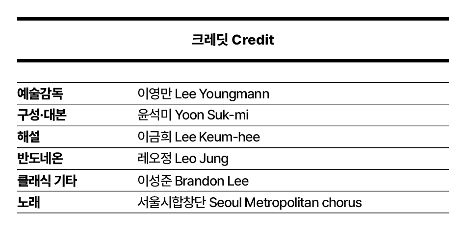 크레딧 Credit 예술감독 이영만 Lee Youngmann 구성·대본 윤석 Yoon Suk-mi 해설 이금희 Lee Keum-hee 반도네온 레오정 Leo Jung 클래식 기타 이성준 Brandon Lee 노래 서울시합창단 Seoul Metropolitan chorus